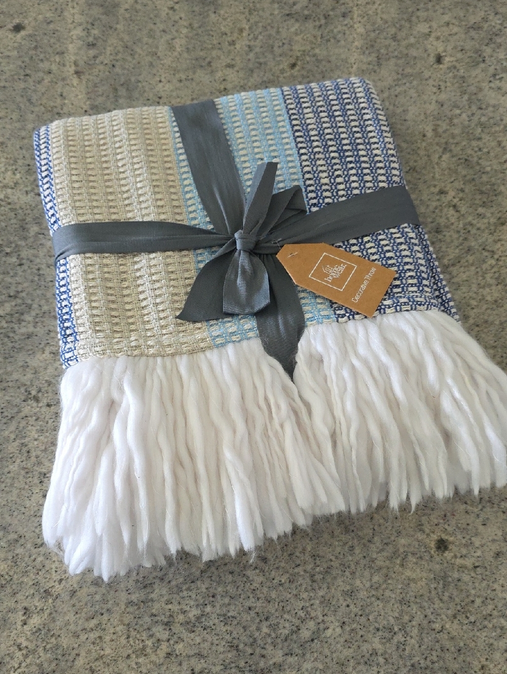 NWT....Woven Fringe Throw Blanket in Blue, Cream & White